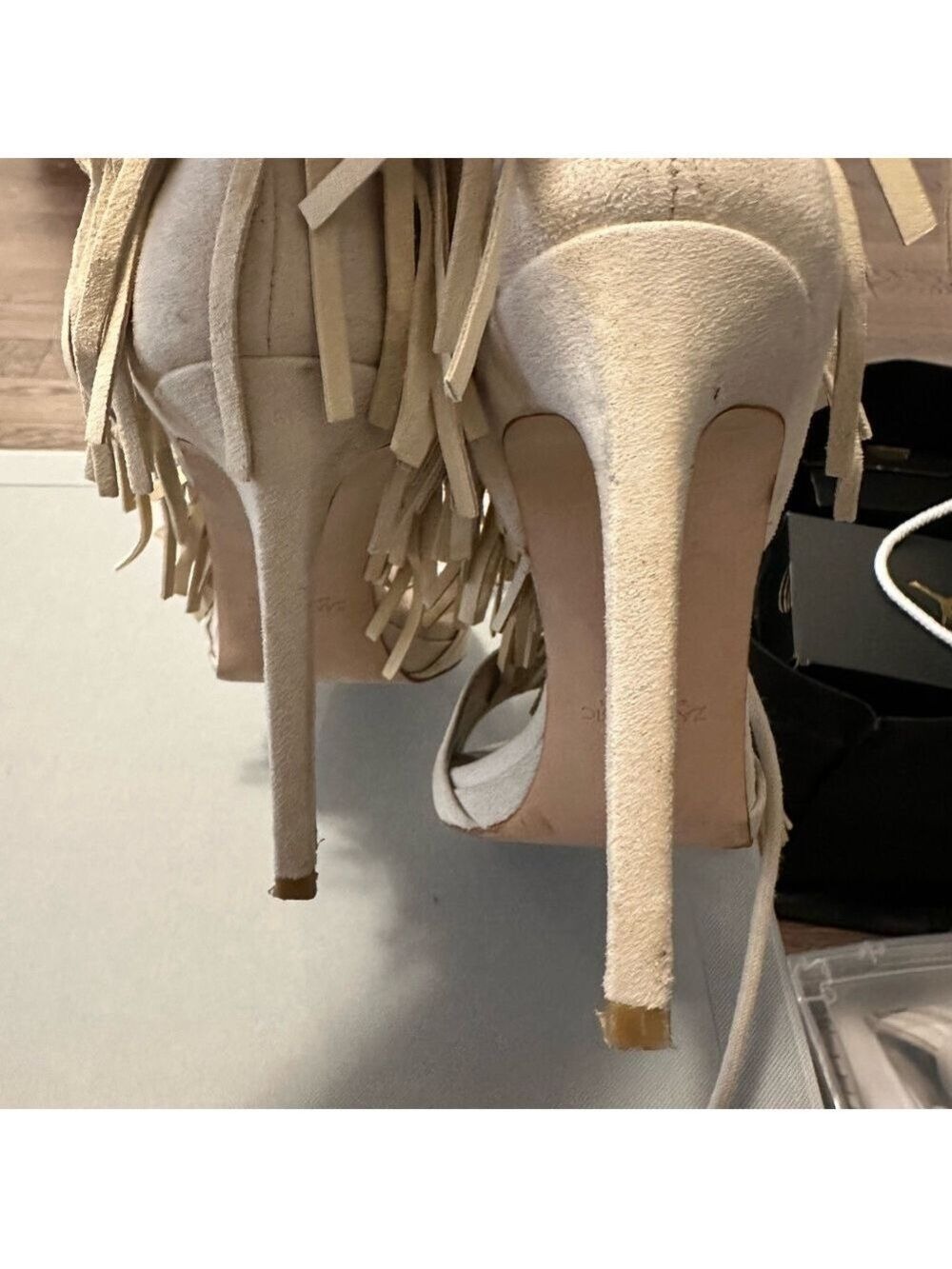 Zara Faux Suede Fringe Tassel Tie High Heel Sandals in Bone/Cream - Picture 10 of 15